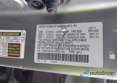 2017 Honda Cr-V Ex from USA, damaged, VIN 5J6RW2H5XHL027194